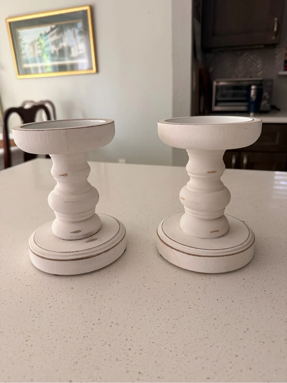 White Distressed Wood Pillar Candle Holders - Set of 2